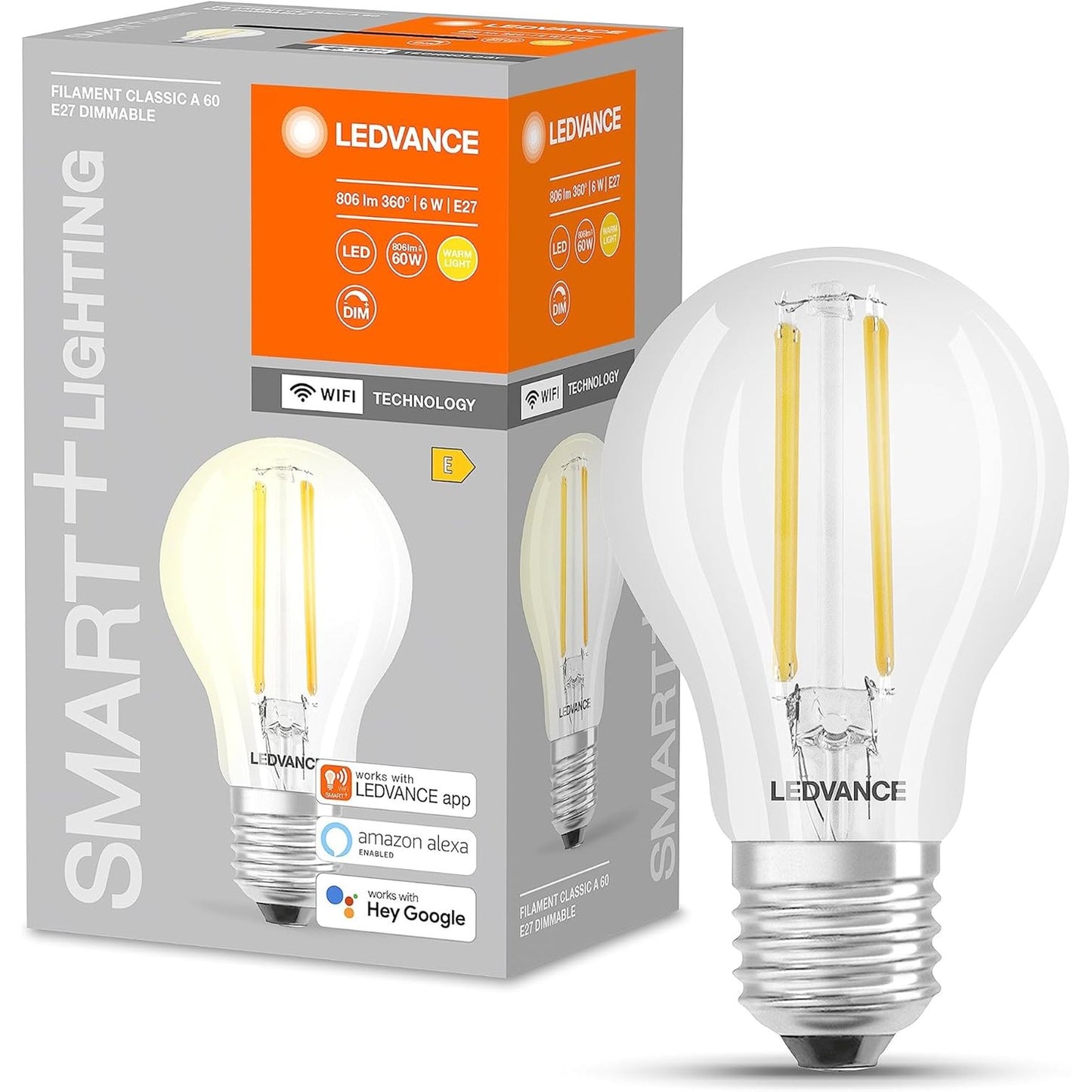 206953 - LEDVANCE - Llampa LED Inteligjente me WiFi, bazë E27, e Bardhë e Ngrohtë (2700K), Zëvendëson Llambat Inkandeshente 60W, e Kontrollueshme pe Alexa, Google dhe Samsung SmartThings, SMART+, pako prej 1