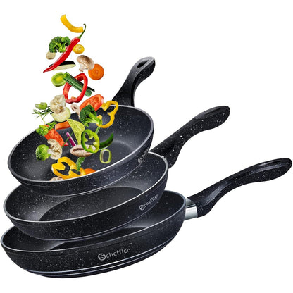 175555 - SCHEFFLER Set Tiganësh me madhësi 20/24/28 cm, Tiganë të Veshur të Përshtatshëm për Soba me Induksion, me Shtresë Jo-Ngjitëse, i Përshtatshëm për të gjitha Llojet e Sobave.