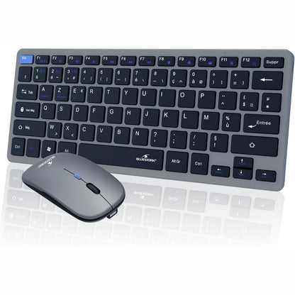 299543 - BLUESTORK Paketa Mini V2 Tastierë dhe Maus pa Tel, Tastierë AZERTY, Madhësi Kompakte, Maus 1600 DPI, Lidhje 2.4 GHz dhe Bluetooth, Jetëgjatësi Baterie 80 orë, Pajtueshme me Windows/Android/iOS
