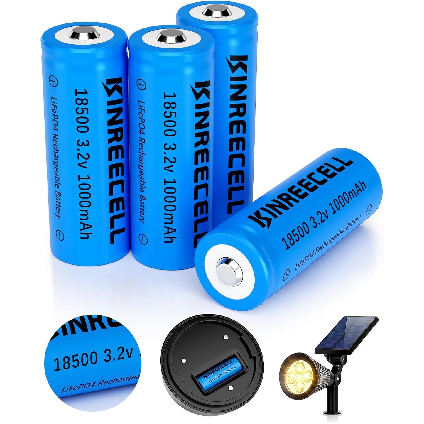 273943 - KINREECELL Bateri diellore LiFePO4 18500, 3.2v, 1000mAh, 3.2wh, Bateri Li-Ion e Rikarikueshme për Drita Diellore të Jashtme, Drita Diellore të Kopshtit, Fenerë (Pako me 4)