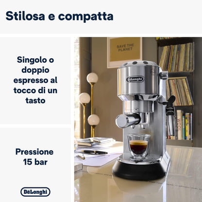 116259 - DE'LONGHI Makinë Kafeje Espresso Manuale 'Dedica EC685.M', për Kafe të Bluar ose Kapsula ESE, me Shkumëzues Klasik Qumështi për Kapuçino, Mbyllje Automatike, Rezervuar 1L, Filtër i Vetëm/i Dyfishtë, Material Metali