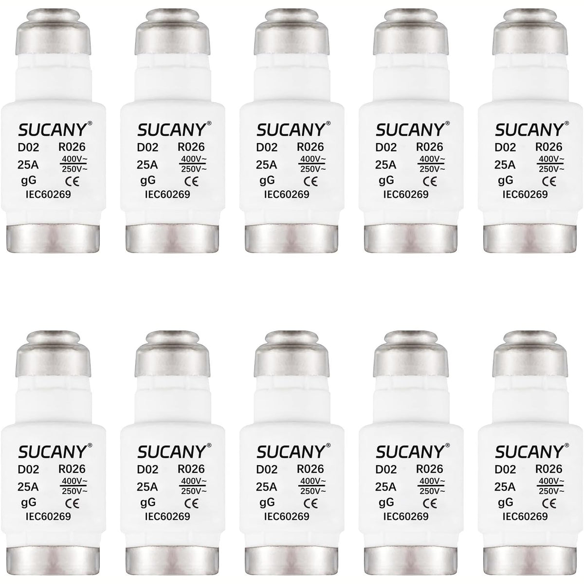 335180 - SUCANY Lidhje Siguresash Qeramike Neozed D02 25A gL/gG 400VAC, për Mbrojtje të Kabllit dhe Linjës (9 copë)