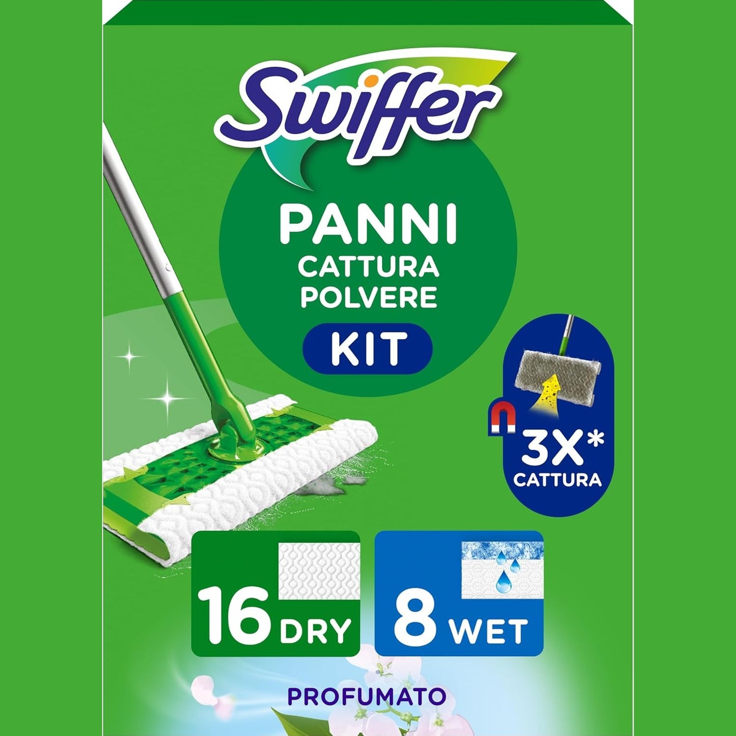 275409 - Swiffer Kit Fillestar për Mop Pluhuri, 1 Mop + 16 Lecka të Thata + 8 Lecka të Lagura, kap dhe bllokon 3 herë më shumë pluhur dhe papastërti