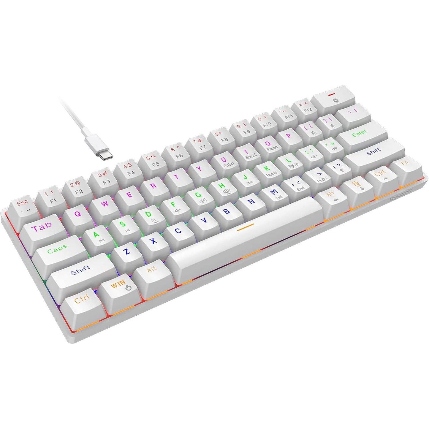 268656 - TASTIERË MEKANIKE LOJËRASH ME TEL SNPURDIRI 60%, ANTI-GHOSTING, 61 TASTE, NDRICIM PRAPA RGB, ÇELËS BLU ULTRA-KOMPAKT, MBËSHTETËSE E DYFISHTË, E BARDHË