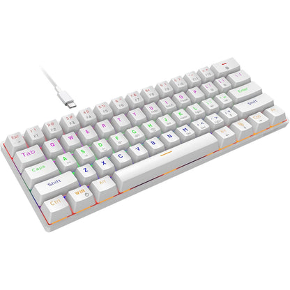 268656 - TASTIERË MEKANIKE LOJËRASH ME TEL SNPURDIRI 60%, ANTI-GHOSTING, 61 TASTE, NDRICIM PRAPA RGB, ÇELËS BLU ULTRA-KOMPAKT, MBËSHTETËSE E DYFISHTË, E BARDHË