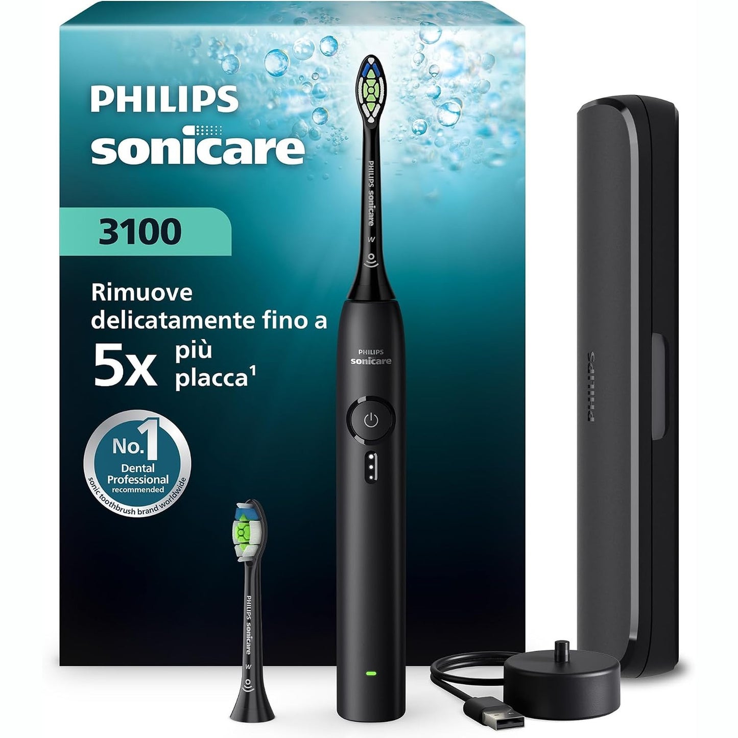320984 - PHILIPS Sonicare Series 3100 – Furçë dhëmbësh elektrike, Sensor presioni, 3 nivele intensiteti, EasyStart, SmartTimer, Jetëgjatësi baterie 14 ditë, Çantë udhëtimi, e zezë, Modeli HX4034/22
