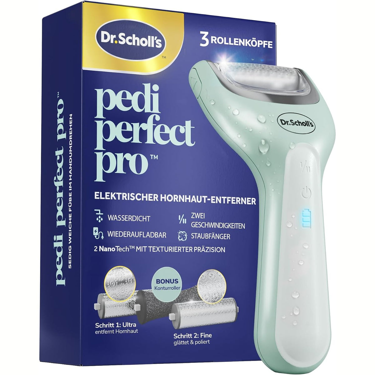 315930 - DR. SCHOLL'S Pedi Perfect Pro heqës kallosh elektrik i papërshkueshëm nga uji, i rikarikueshëm, me 3 koka rrotulluese, kohëzgjatje 90 minuta, mbledhës pluhuri