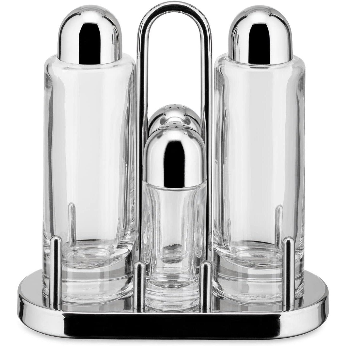 187036 - ALESSI - Set Erëzash 5070 për Vaj, Uthull, Kripë dhe Piper, Material: Çelik Inox 18/10 dhe Xham Kristali