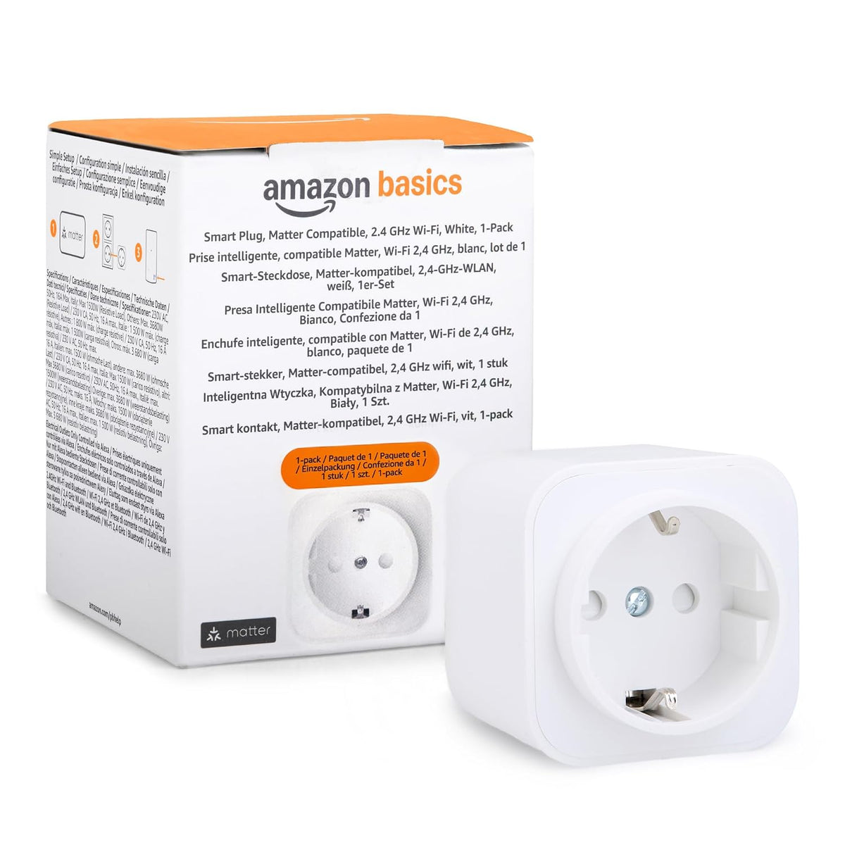 322500 - AMAZON BASICS Prizë inteligjente, e pajtueshme me Matter, Amazon Alexa, Google Home, Apple HomeKit, Wi-Fi 2.4 GHz, e bardhë, pako me 1