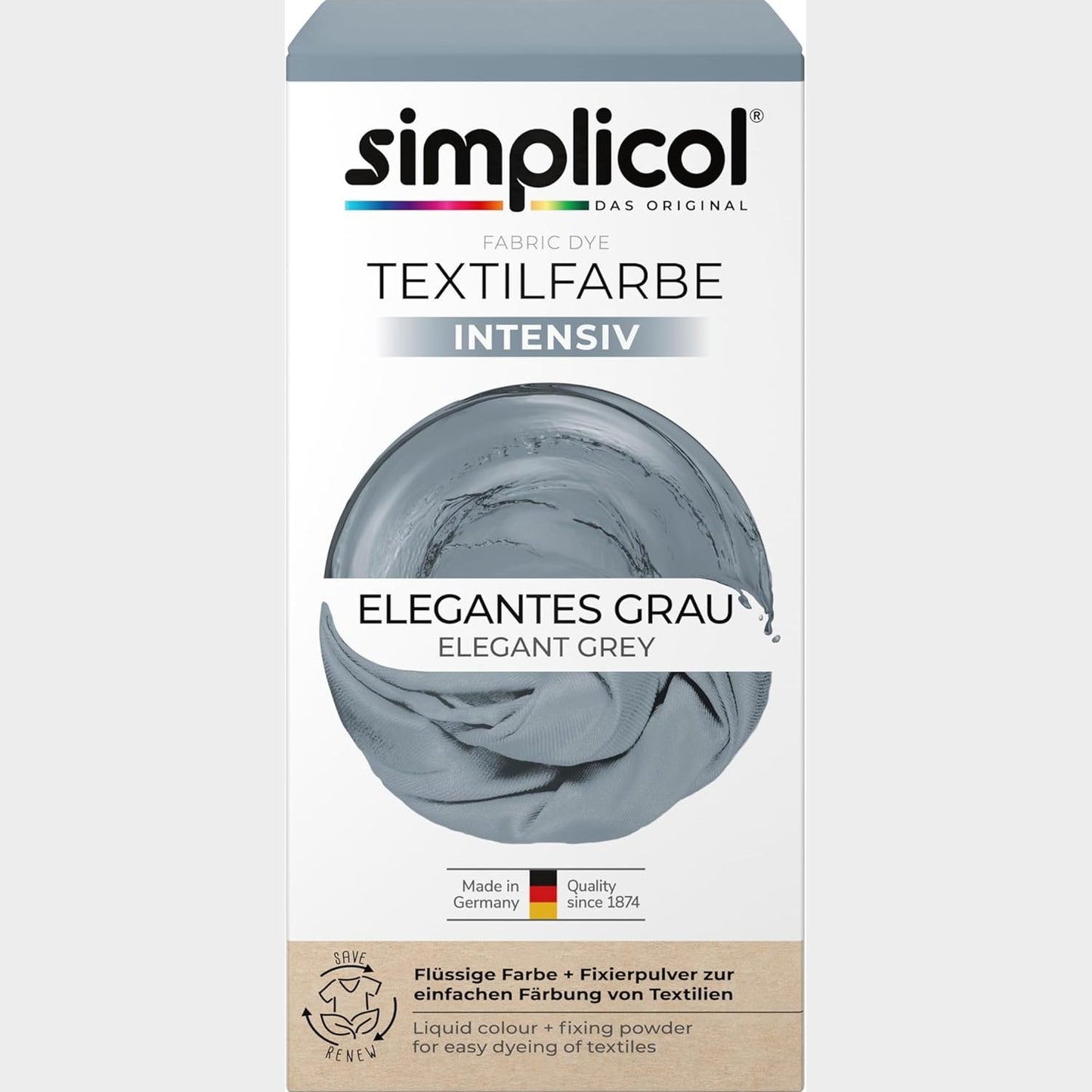 258168 - Ngjyrues Intensiv Tekstili simplicol, Gri Elegante, ngjyrosje e lehtë në lavatriçe, ngjyrosës i lëngshëm dhe pluhur fiksues, 1 pako