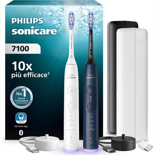 301552 - PHILIPS Furçë dhëmbësh elektrike Sonicare 7100, HX7429/01, 4 mënyra pastrimi, 3 nivele intensiteti, kontroll presioni, EasyStart, e bardhë dhe blu marine, pako me 2