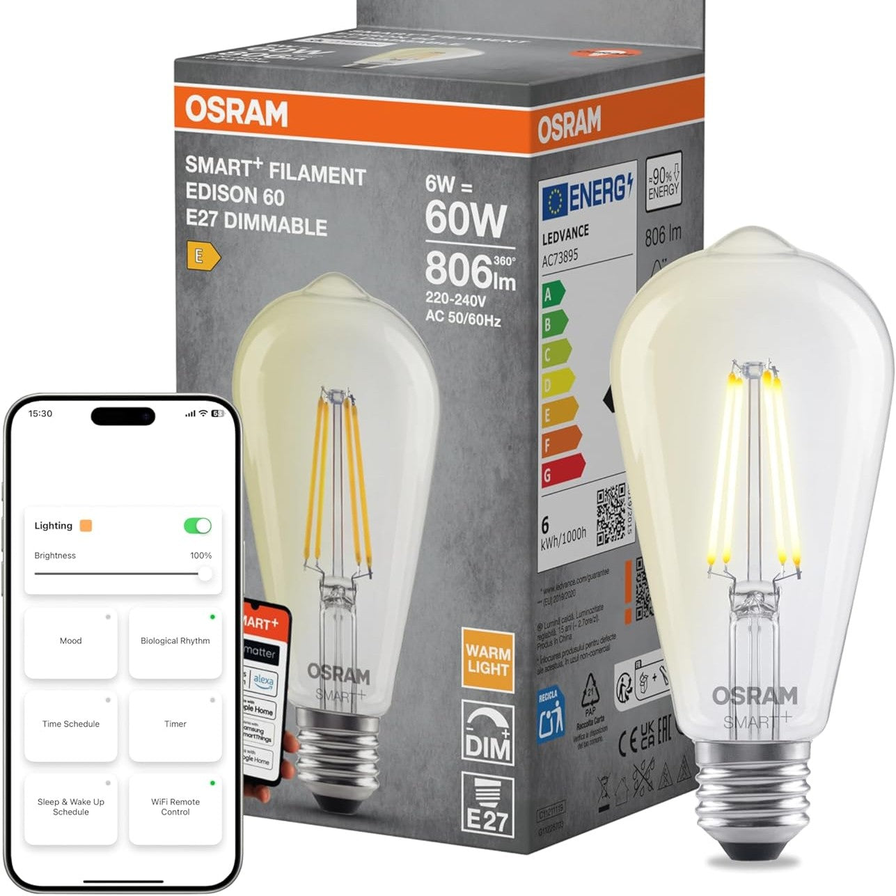 215829 - OSRAM Llambë LED SMART+ Edison, E27, e bardhë e ngrohtë 2700 K, e errësueshme, kontroll aplikacioni, e pajtueshme me Alexa dhe Google
