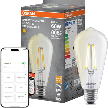 215831 - OSRAM Llambë LED Edison, formë llambë E27, e bardhë e ngrohtë 2700 K, e errësueshme, kontroll aplikacioni, e pajtueshme me Alexa dhe Google