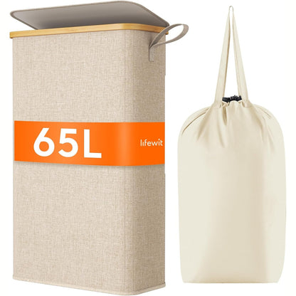 253558 - LIFEWIT Kosh rrobash Extra i sheshtë, shportë rrobash prej bambuje, kapacitet 65 L, ngjyrë bezhë