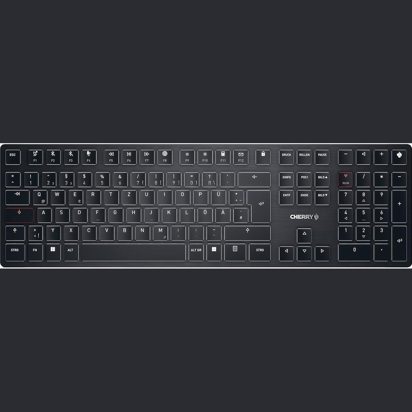 272628 - CHERRY KW X ULP, TASTIERË MEKANIKE ULTRA E HOLLË E NIVELIT TË LARTË, PARAQITJE GJERMANE (QWERTZ), TASTIERË PA TEL PËR SHUMË PAJISJE DERI NË 4 PAJISJE, E RIKARIKUESHME, E ZEZË