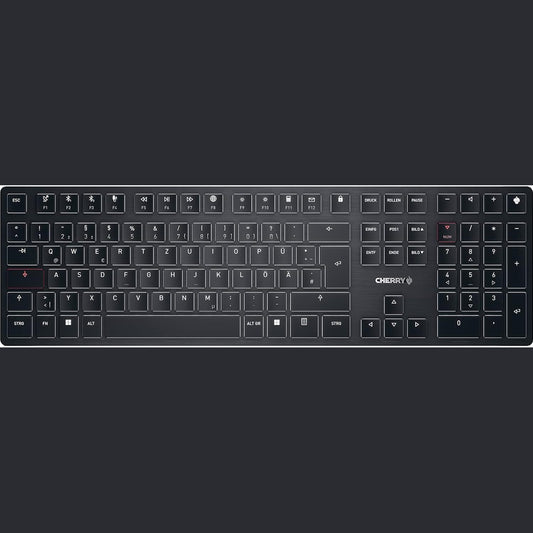 272628 - CHERRY KW X ULP, TASTIERË MEKANIKE ULTRA E HOLLË E NIVELIT TË LARTË, PARAQITJE GJERMANE (QWERTZ), TASTIERË PA TEL PËR SHUMË PAJISJE DERI NË 4 PAJISJE, E RIKARIKUESHME, E ZEZË