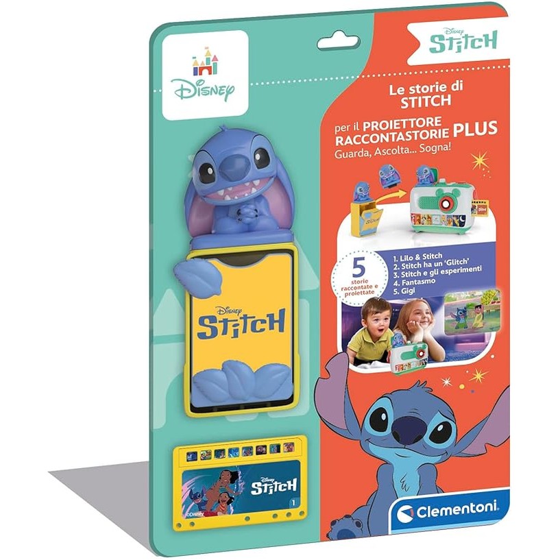 141554 - Clementoni Disney Baby Recharge Stitch Projector Storyteller Plus, tregues historish për fëmijë 2+ vjeç, 5 tregime të treguara dhe të projektuara, lojë elektronike portative me zë, në gjuhën italiane, 17584.