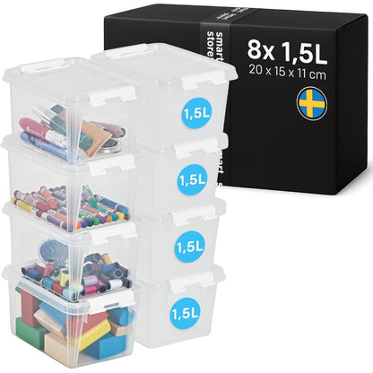 227828 - SmartStore 8x Kuti Ruajtjeje me Kapakë Classic 1.5L (20x15x11cm), Kuti Plastike të Sigurta për Ushqim, Garanci 10-Vjeçare