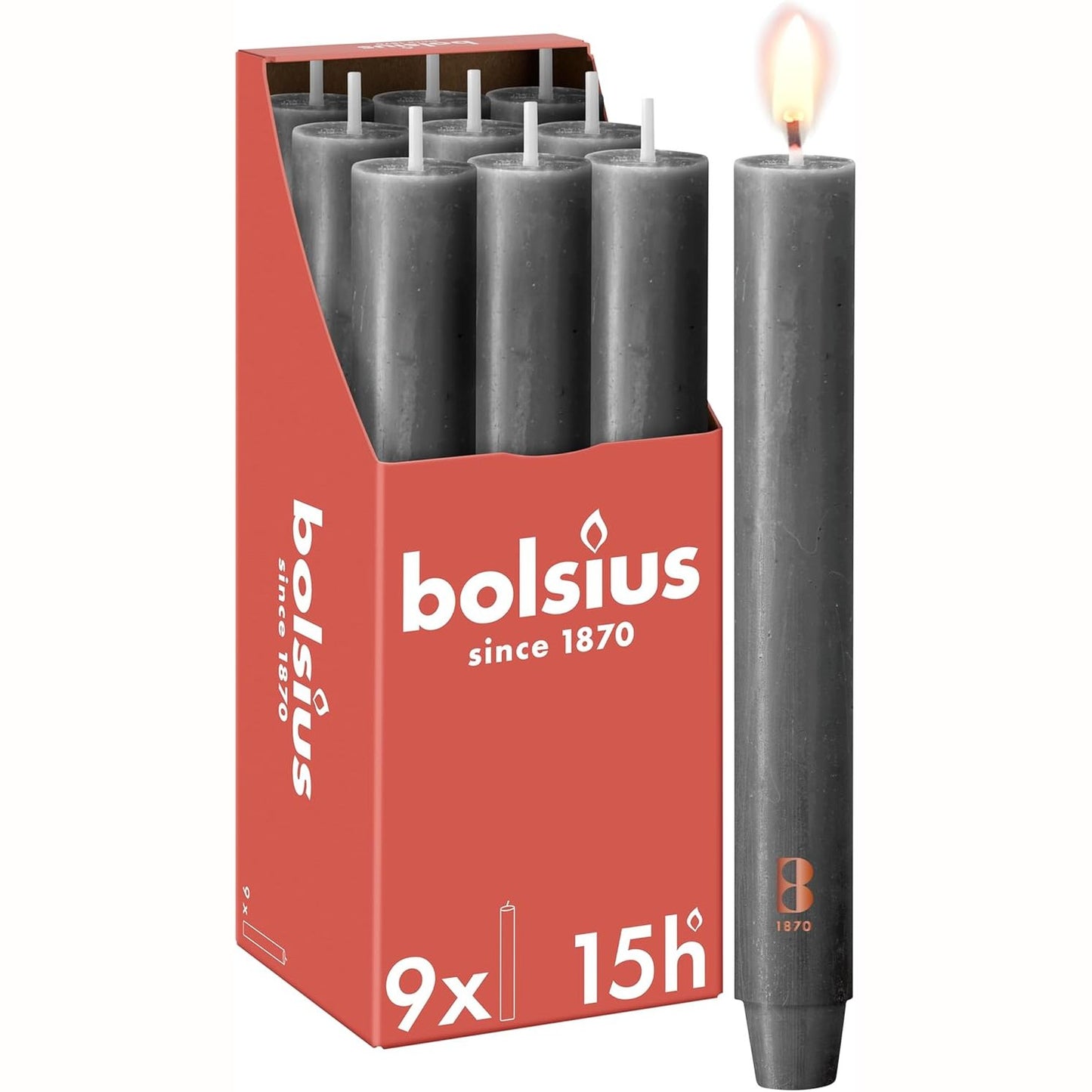 256897 - BOLSIUS Qiri Rustik XL Konik, 23 x 3 cm, Antracit, Kuti me 9, Koha e djegies: 15 orë, Pa aromë, Dyll natyral bimor, Pa vaj palme