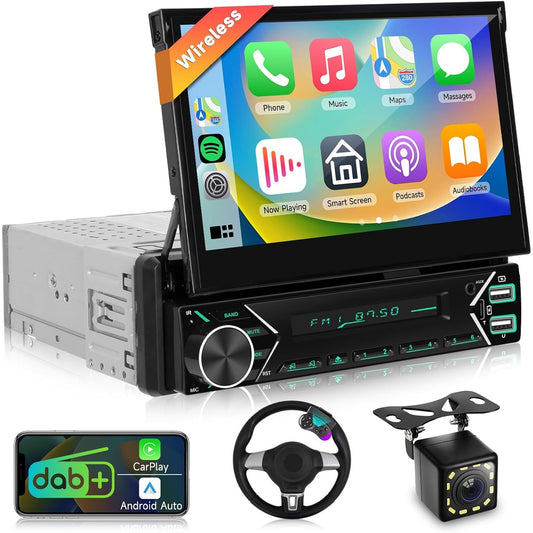 298979 - Radio makine 1-DIN DAB Plus me ekran 7 inç që tërhiqet automatikisht, radio makine me CarPlay pa tel dhe Android Auto, radio 1-DIN me Bluetooth, kontrolle në timon, Mirror Link, EQ, USB-C dhe kamerë për kthesa mbrapsht