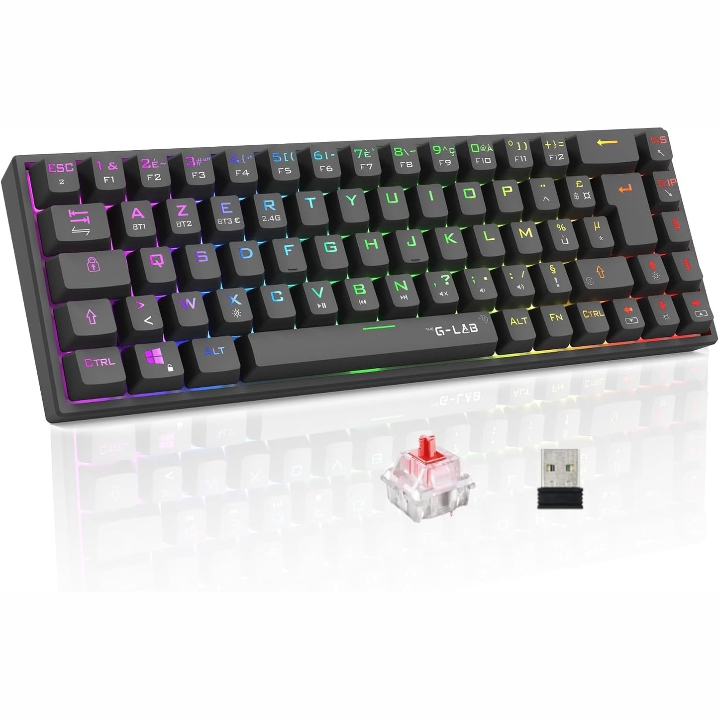 273208 - G-LAB Keyz Titanium WL - Tastierë Pa Tel për Lojëra 65% AZERTY FR - Tastierë Mekanike me Çelësa të Kuq, 100% RGB e Personalizueshme, Makro të Programueshme - Pa Tel për PC, PS4, PS5, Xbox - E Zezë