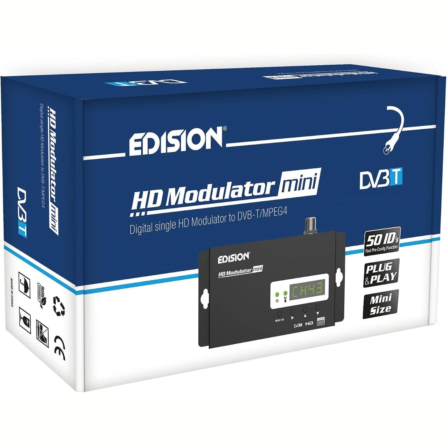 319362 - EDISION Modulator mini HDMI, Modulator i vetëm HDMI në DVB-T MPEG4 RF, Shpërndarje Full HD nëpërmjet Koaksialit, Funksion Para-Konfigurimi USB 50ID, Madhësi Mini