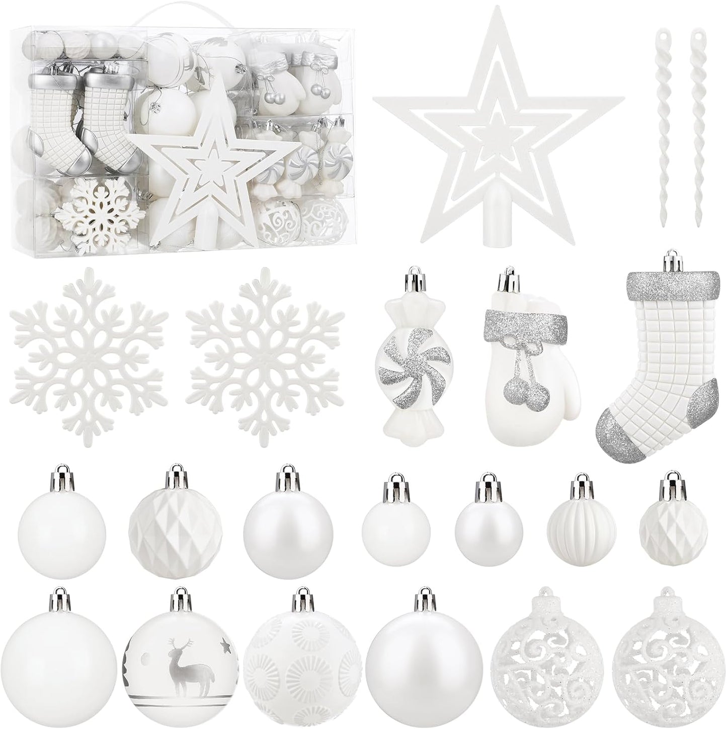 167595 - SOLEDI® Set prej 128 copësh skulptura të Krishtlindjeve të bardha plastike me mbulesë për pemën me yje - Dekorime të fortë dhe të sigurt me sythe varëse shumëngjyrëshe, të ripërdorshme