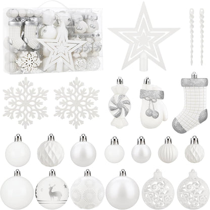 167595 - SOLEDI® Set prej 128 copësh skulptura të Krishtlindjeve të bardha plastike me mbulesë për pemën me yje - Dekorime të fortë dhe të sigurt me sythe varëse shumëngjyrëshe, të ripërdorshme