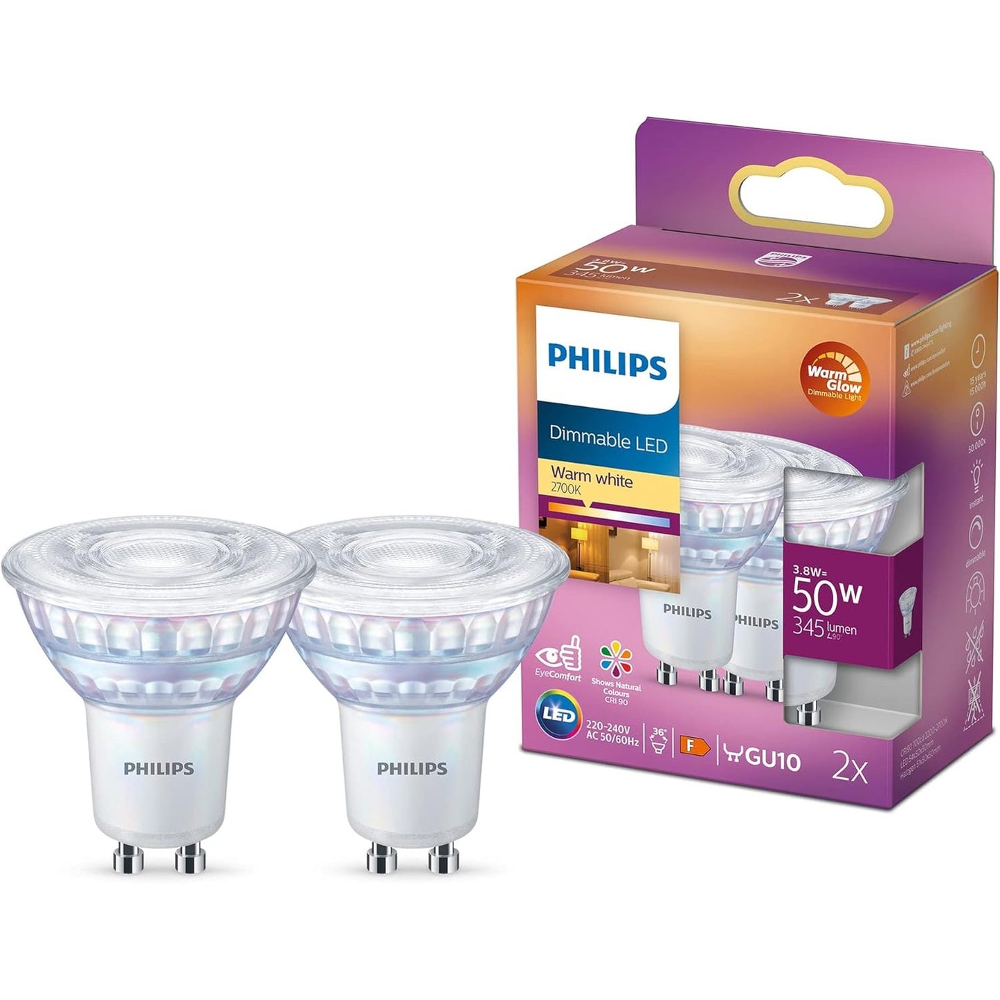 198496 - PHILIPS Llambë LED GU10 50W e Bardhë e Ngrohtë, Ndriçim i Zbehtë, Materiali Qelqi, Pacakë me 2 Copë
