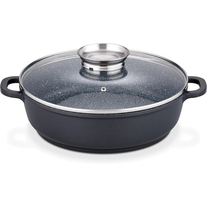 240574 - GSW GOURMET Tigan servirjeje prej graniti 28 cm me kapak qelqi aromatik, pajtueshëm me induksion, shtresë jo ngjitëse, i zi
