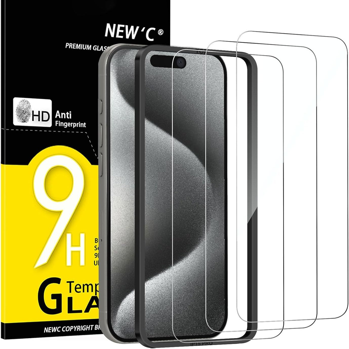277078 - NEW'C Mbrojtës Ekrani prej Xhami të Temperuar me 3 copë për iPhone 15 Pro (6.1 inç), Fortësi 9H, Mbrojtës Ekrani HD, Ultra i Transparent, Ultra i Qëndrueshëm - Mjet Instalimi i Lehtë i Përfshirë
