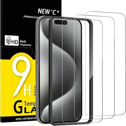277078 - NEW'C Mbrojtës Ekrani prej Xhami të Temperuar me 3 copë për iPhone 15 Pro (6.1 inç), Fortësi 9H, Mbrojtës Ekrani HD, Ultra i Transparent, Ultra i Qëndrueshëm - Mjet Instalimi i Lehtë i Përfshirë