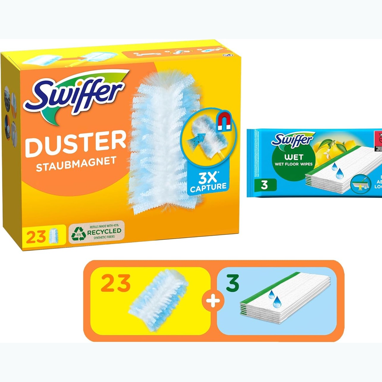 289809 - SWIFFER Mbajtëse pluhuri Duster, 23 fshesë pluhuri + 3 lecka të lagura, arrin në vende të vështira, format Maxi, furnizim 36-mujor
