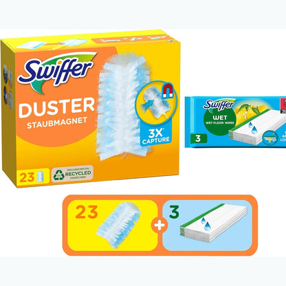 289809 - SWIFFER Mbajtëse pluhuri Duster, 23 fshesë pluhuri + 3 lecka të lagura, arrin në vende të vështira, format Maxi, furnizim 36-mujor
