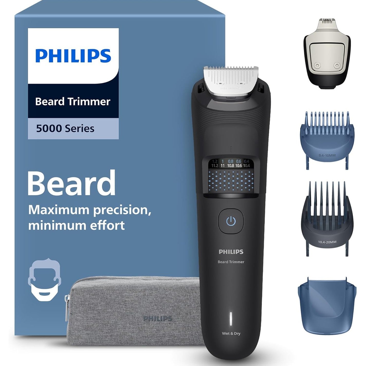 292519 - PHILIPS Makinë prerëse për mjekër Seria 5000, Tehe metalike vetëmprehëse, 40 gjatësi prerjeje të rregullueshme, teknologji BeardSense, 100% rezistente ndaj ujit, modeli BT5765/15