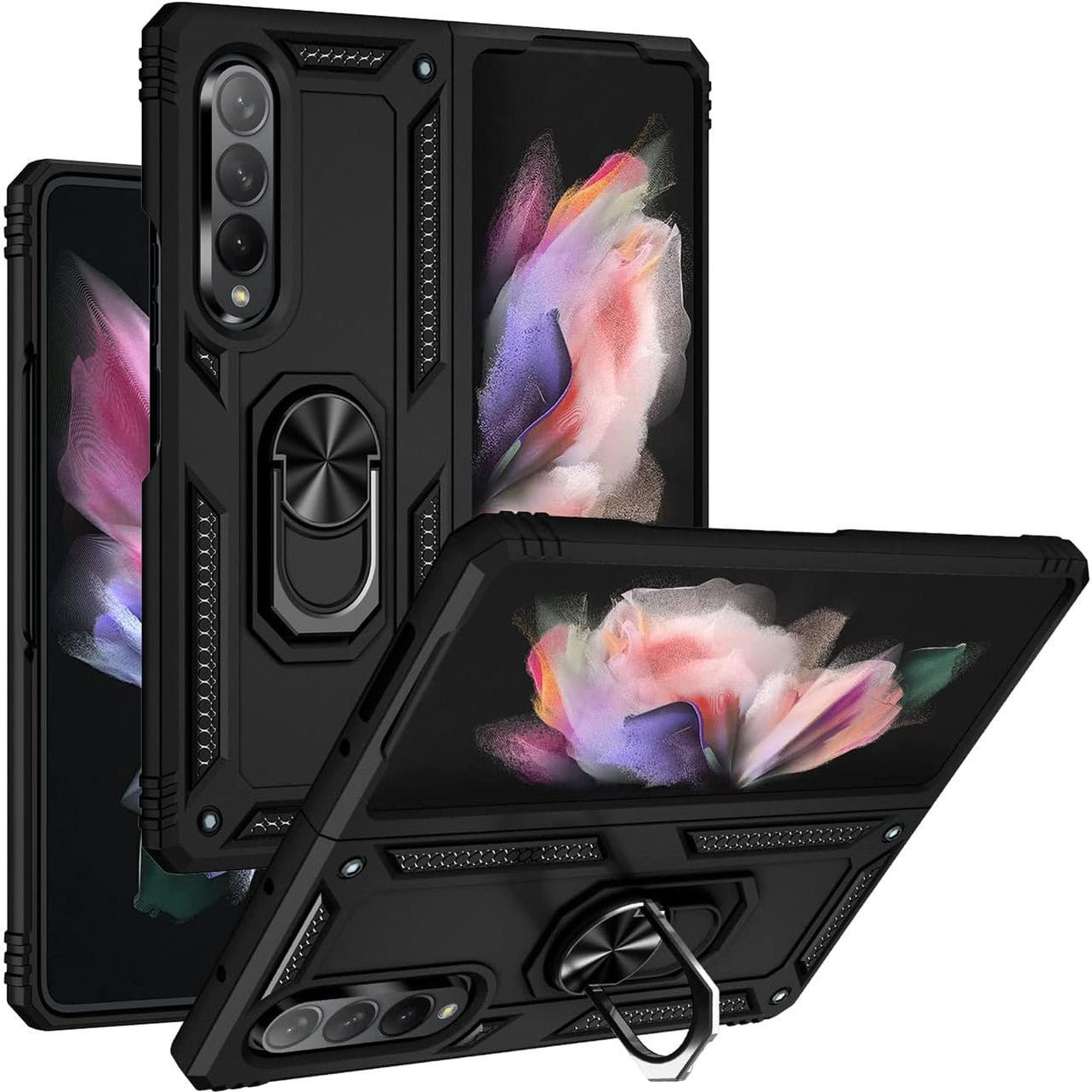 277140 - JOYTAG Mbrojtëse për Samsung Galaxy Z Fold 3 5G, Mbajtëse unaze prej silikoni TPU që rrotullohet 360 gradë, e zezë