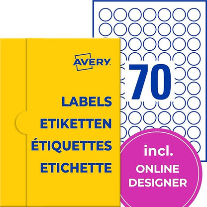 267373 - AVERY Zweckform Etiketa të Rrumbullakëta 6222-10, 880 pika ngjitëse, Ø20 mm në A4, 10 fletë, të bardha, etiketa vetëngjitëse për printim