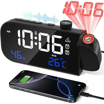 223220 - MOSUO Orë me alarm dixhital me projektor, orë inteligjente me temperaturë të brendshme, lagështirë, shkëlqim dhe volum të rregullueshëm, aktivizim inteligjent të zërit, 7 muzikë
