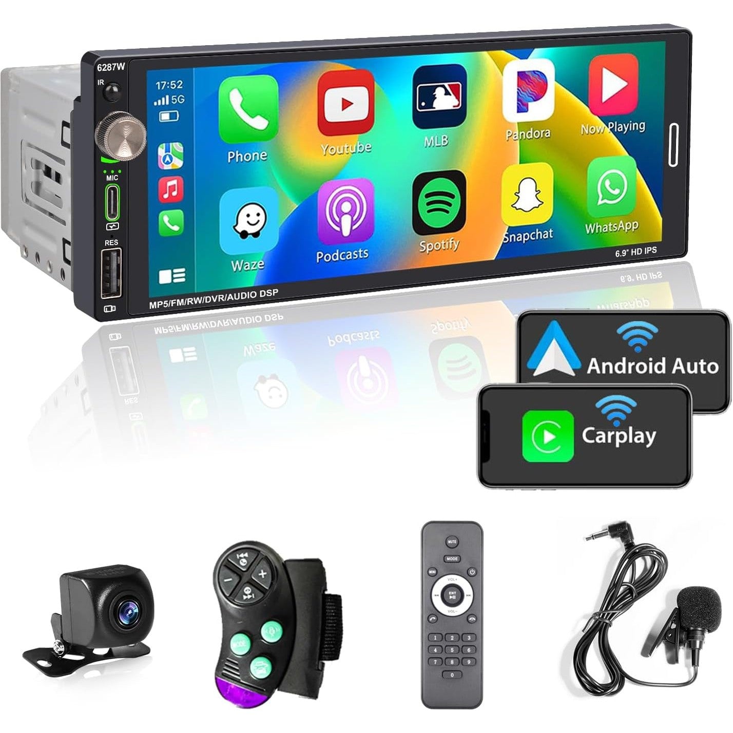276185 - ALONDY Radio makine 1 DIN me ekran me prekje (6.9") e pajtueshme me Apple CarPlay [Pa tel] / Android Auto Bluetooth Type-C USB (karikim i shpejtë 2.1A) Radio AM/FM RDS Kamera e pasme
