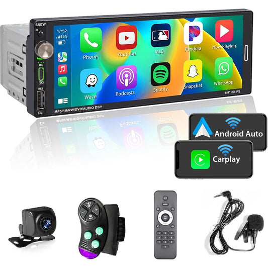 276185 - ALONDY Radio makine 1 DIN me ekran me prekje (6.9") e pajtueshme me Apple CarPlay [Pa tel] / Android Auto Bluetooth Type-C USB (karikim i shpejtë 2.1A) Radio AM/FM RDS Kamera e pasme