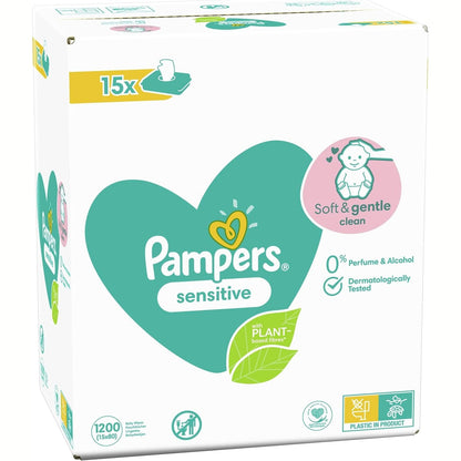 298287 - PAMPERS Peceta për fëmijë Sensitive, 15 pako me 80 peceta, 1200 peceta, pastrim dhe mbrojtje e butë e lëkurës 2 në 1