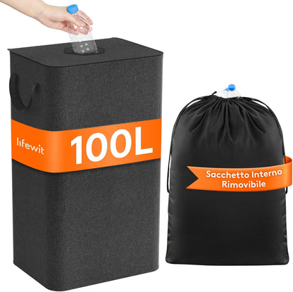 252794 - ENË MBLEDHJE SHISHESH LIFEWIT, 100L me kapak, enë e madhe për ruajtje shishesh, gri e errët.
