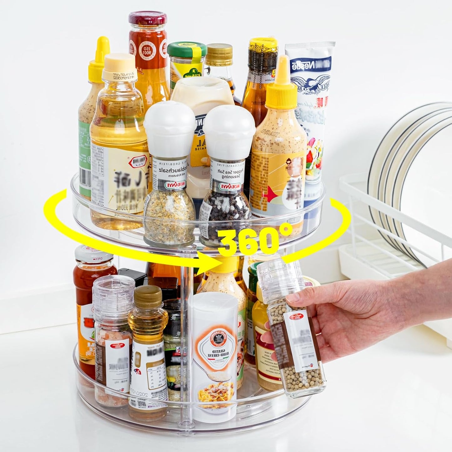 220500 - LUZOON Raft Erëzash Rrotullues 360°, Organizues Qeseje Lazy Susan me 2 Kate, Raft Plastik Erëzash Rrotullues për Kuzhinë, Shishe, Kozmetikë, Dollap, Qilar, Banjo (23CM me 2 Kate)
