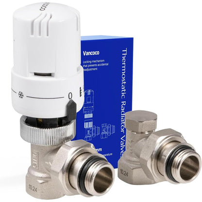 223353 - VANCOCO Valvul Termostatike + Valvul Kthimi Set i plotë 1/2", Lidhje me Unazë Vulosjeje, Valvul Radiatori, Valvul Ngrohjeje, Lloji i Këndit, E bardhë, Sensor Lëngu, Pozicioni i Mbrojtjes nga Ngrica, Standardi EN215