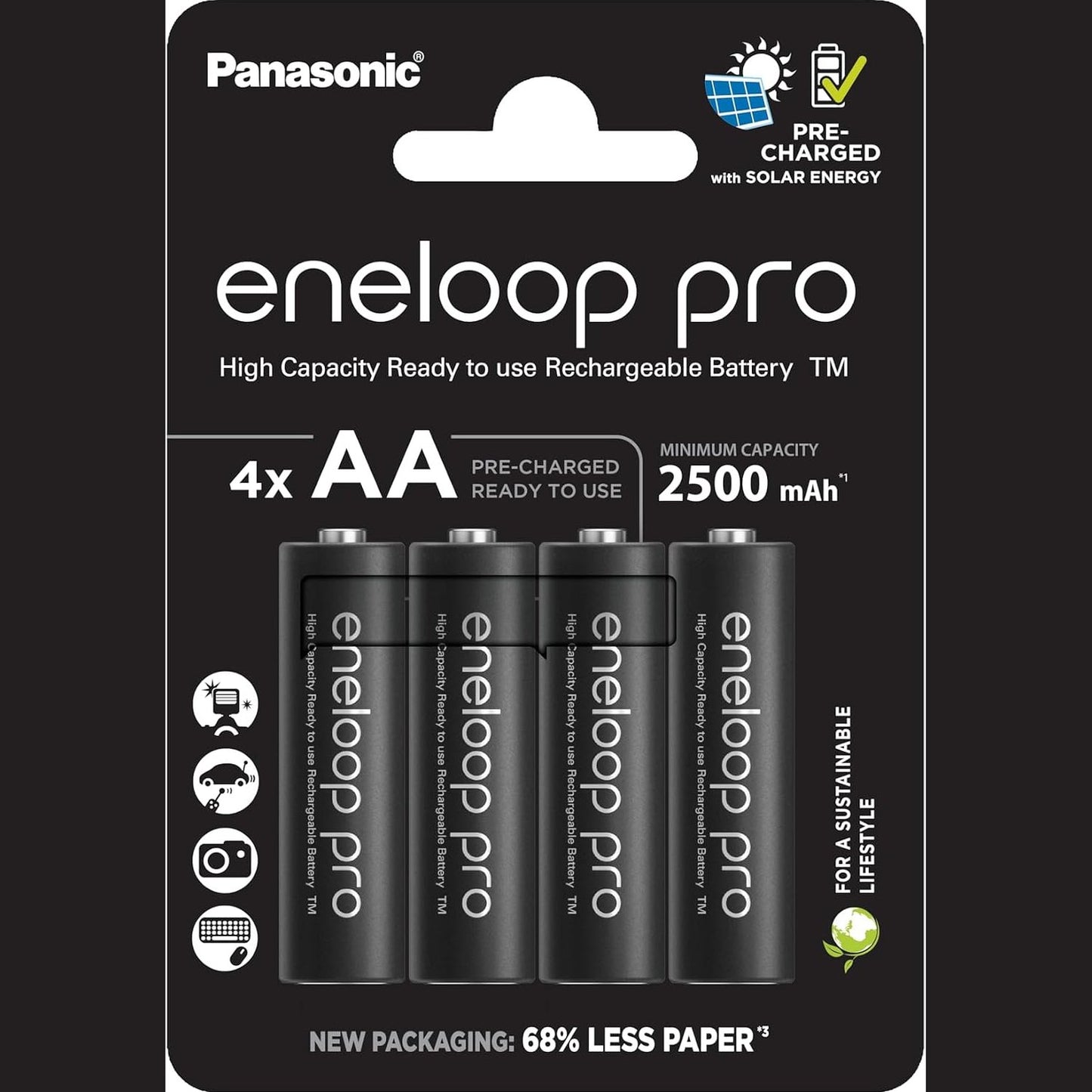 266896 - ENELOOP PRO - Bateri të rikarikueshme AA/Mignon Ni-MH, pako me 4, kapacitet 2500 mAh, të rikarikueshme deri në 500 herë, paketim pa plastikë - E zezë
