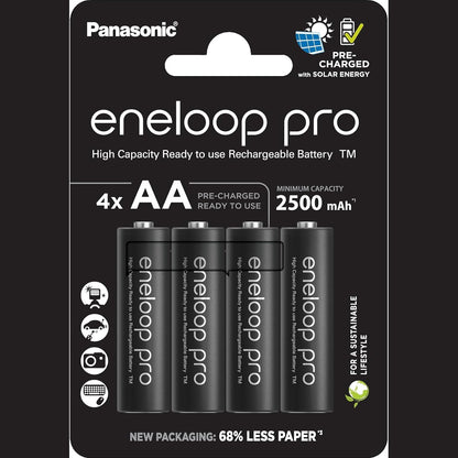 266896 - ENELOOP PRO - Bateri të rikarikueshme AA/Mignon Ni-MH, pako me 4, kapacitet 2500 mAh, të rikarikueshme deri në 500 herë, paketim pa plastikë - E zezë