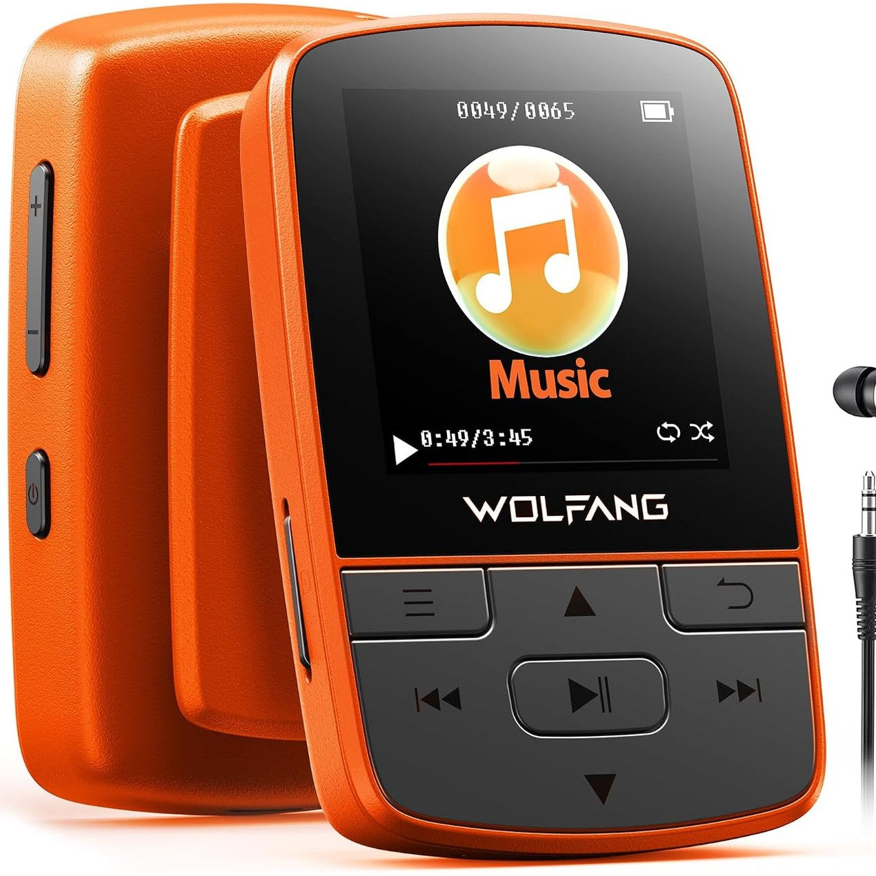 273397 - WOLFANG MP3 PLAYER me Bluetooth 5.2, Sport Clip, Madhësi Mini, Pesha 28.3 g, Radio FM HiF, Regjistrues Zëri, Kufje të Përfshira, Portokalli