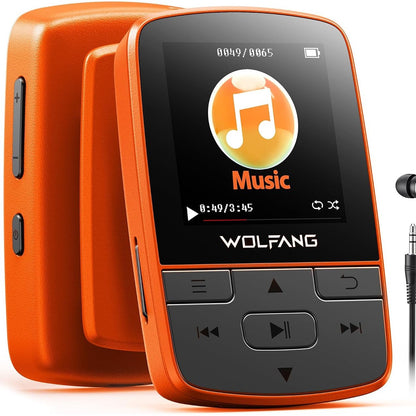273397 - WOLFANG MP3 PLAYER me Bluetooth 5.2, Sport Clip, Madhësi Mini, Pesha 28.3 g, Radio FM HiF, Regjistrues Zëri, Kufje të Përfshira, Portokalli