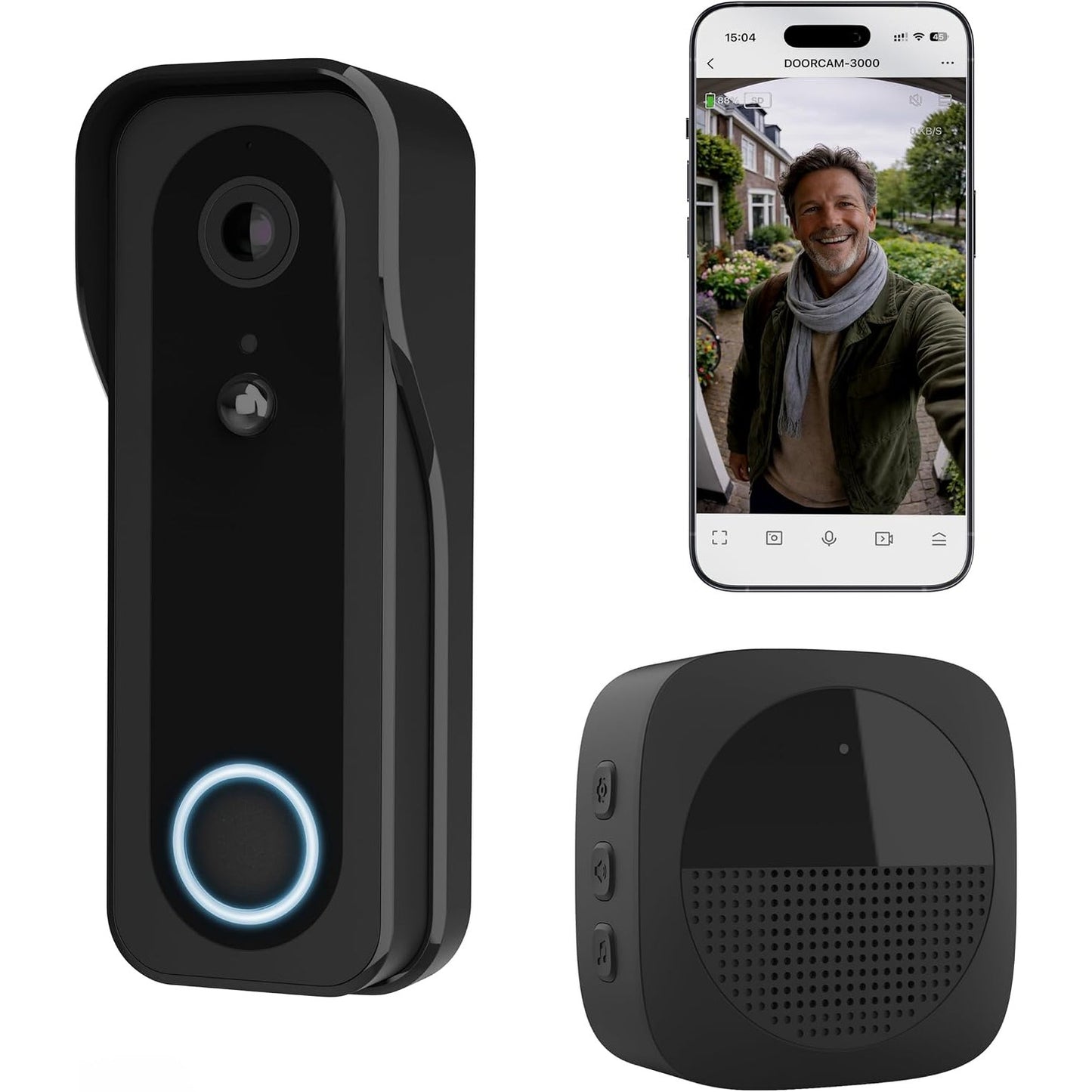 267933 - TRUST Zile dere me video Wi-Fi, Kamerë me kënd të gjerë 2K HD 3MP, inteligente pa tel me zilkë dhe 30 melodi, e pajtueshme me aplikacionin, e rikarikueshme USB-C, Shikim nate, e papërshkueshme nga uji, e zezë