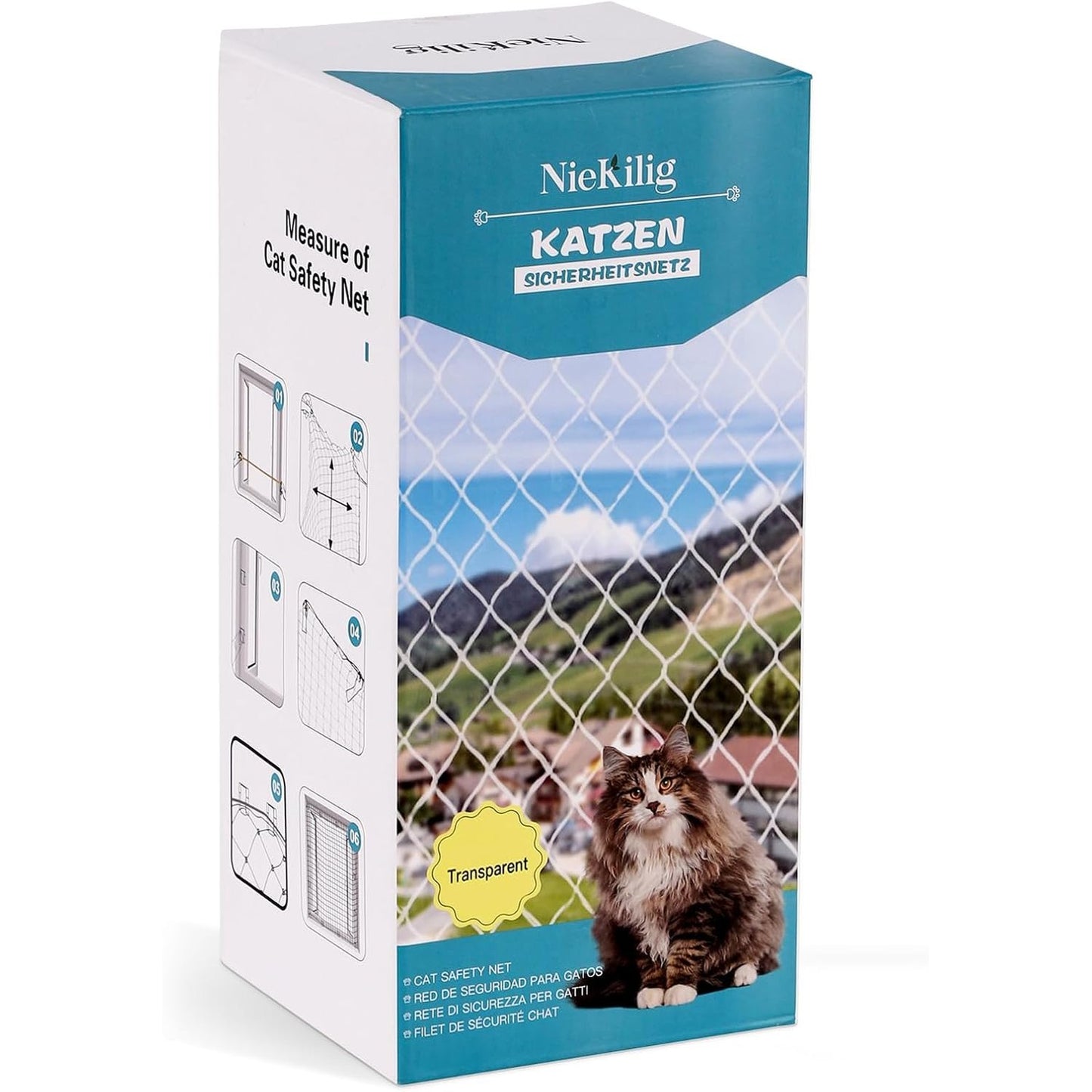 215445 - NIEKILIG Rrjetë sigurie për macet 4x3m për tarracë, nuk kërkon shpim, transparente për ballkone, dritare, çati dhe dyer